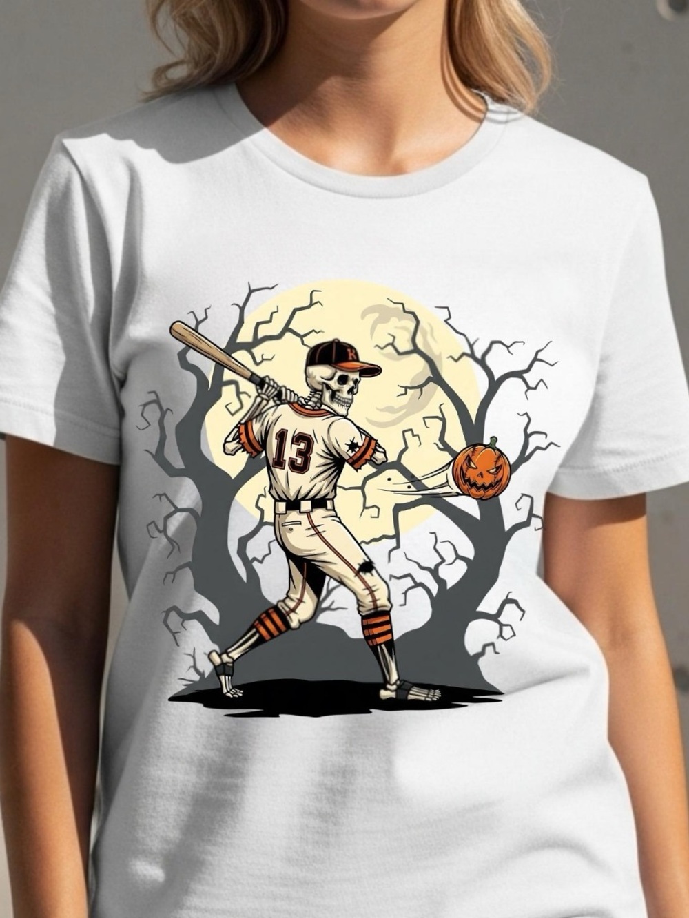 Halloween Baseball Skeleton Shirt, Spooky Sports Graphic Tee, Unisex White